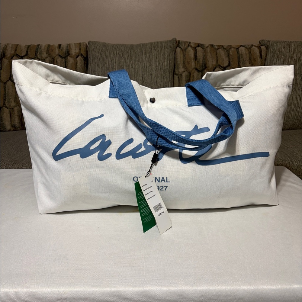 Lacoste White Tote with Blue Accents
